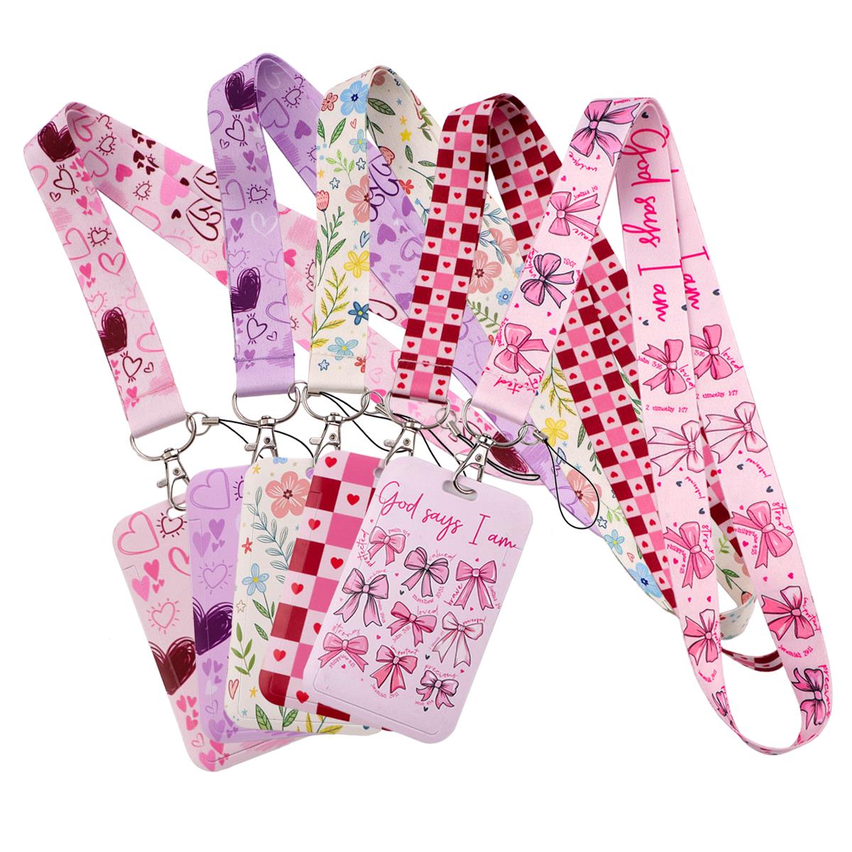 Neck Hanging Phone Holder - Cute Pink Heart Bow Floral Lanyard